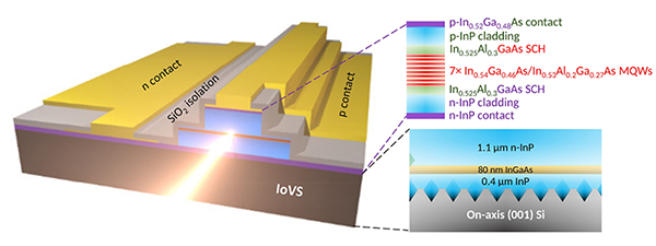 Schematic architecture of an InGaAs/InAlGaAs MQW laser diode directly grown on an on-axis (001) Si substrate.