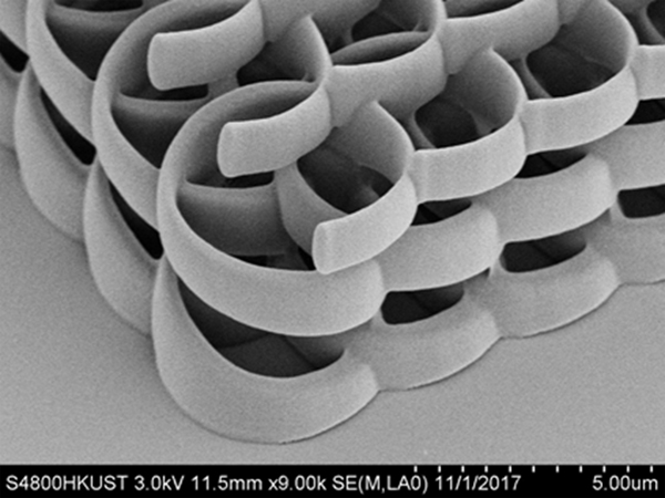 SEM picture of a test pattern produced during the installation and commissioning of the new 3-D laser nano-printer.